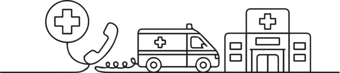 Obraz premium Minimalist Line Art of Ambulance and Hospital with Medical Symbols