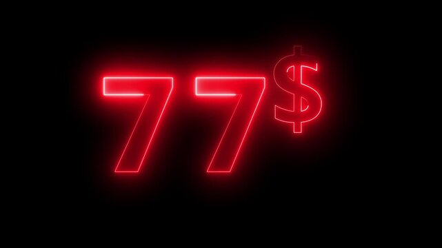 Neon 77 dollar price tag animation motion graphics business, technology, internet and networking concept. 4k video animation on background.