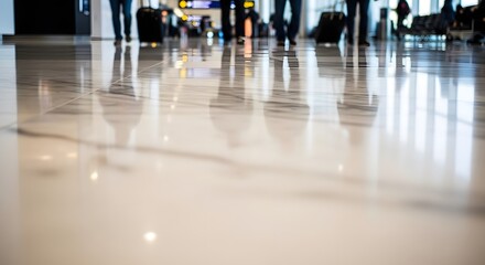 Fototapeta premium Reflection of Travelers with Luggage in a Modern Airport Terminal Floor.