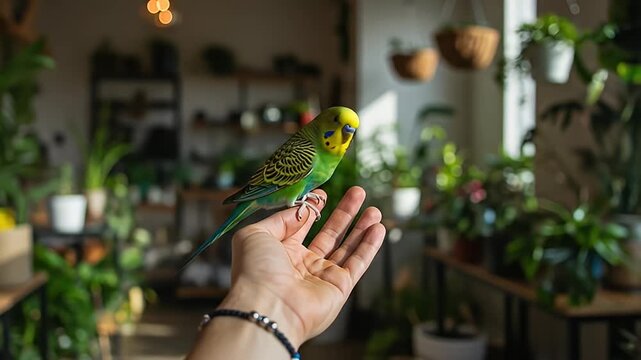 Small green and yellow budgerigar sitting on a person's hand surrounded by plants
