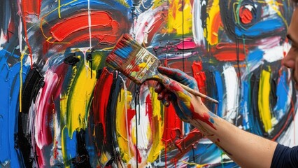 Fototapeta premium Artist painting abstract artwork with brush creating vibrant colorful composition