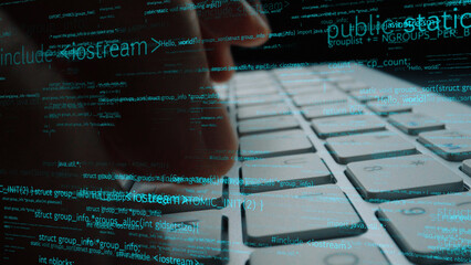 A close-up image shows hands typing on a keyboard with abstract code and data projected in the background. This visual represents technology and programming creativity. Xenic © InfiniteFlow