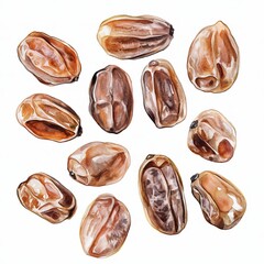 Beautifully hand-painted realistic illustration of various types of brown seeds arranged artistically on a white background