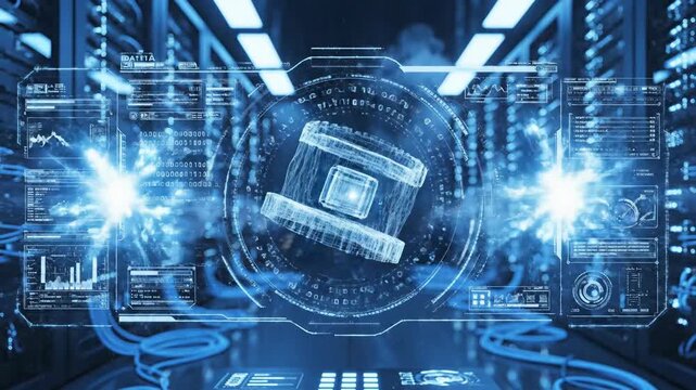 Server room with blue digital wireframe of a machine, dashboards, & lights