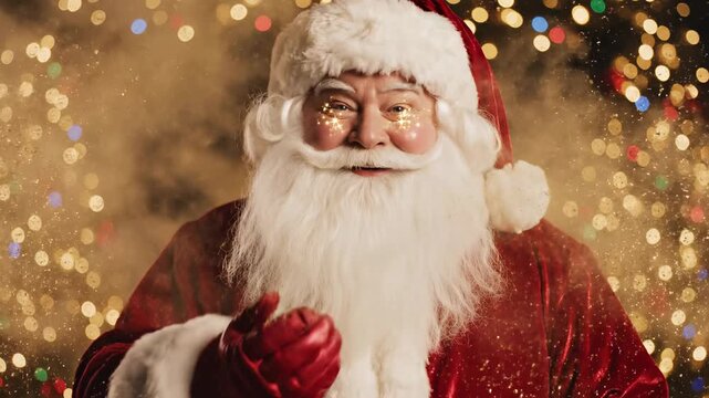 Santa Claus Blowing Kisses with Christmas Lights in the Background.