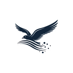 Obraz premium Majestic Flying Bird Over Stylized Ocean Waves and Water Splashes Vector Artwork