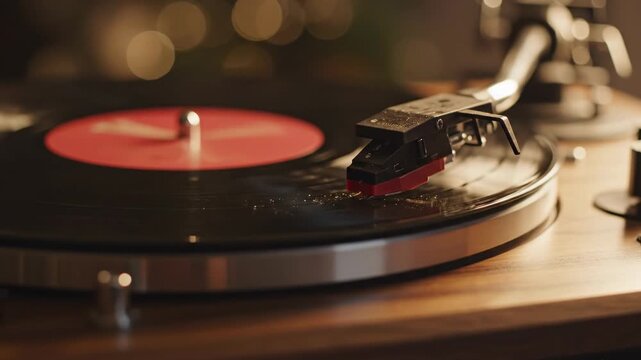 Close-up of a vintage record player playing music.