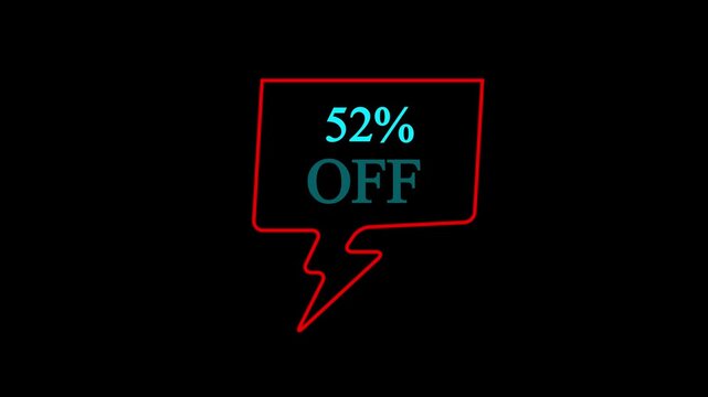 52 Percent Off Special Discount Sale Motion Graphics Animation with Glowing Neon Text in Red Speech Bubble on Black Background for Online Shopping, Marketing Ads, and Promotional Campaigns.