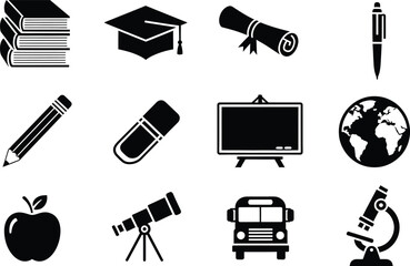 Fototapeta premium A collection of black and white education and school related icons on a white background.
