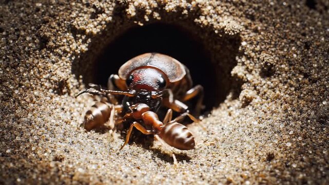 Beetle emerging from hole in sand with prey