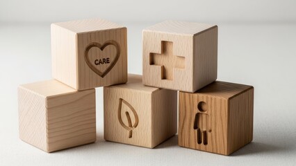 Fototapeta premium Wooden blocks with engraved symbols concepts of care health nature and people
