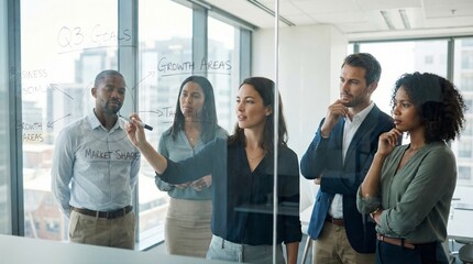 Obraz premium A diverse corporate team collaborates in a modern office while writing strategic plans on a transparent glass board.