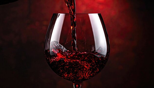 Rich red wine is poured into a clear glass, creating a textured swirl