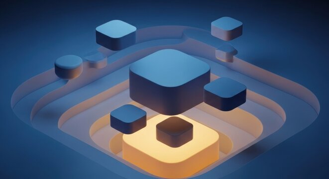 Abstract geometric composition with blue and orange cubes and rounded elements