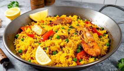 Authentic Spanish paella in wide shallow pan, vibrant yellow rice, mixed seafood and chicken, peas and bell peppers, lemon wedges, traditional Valencian dish, global culinary favorite.