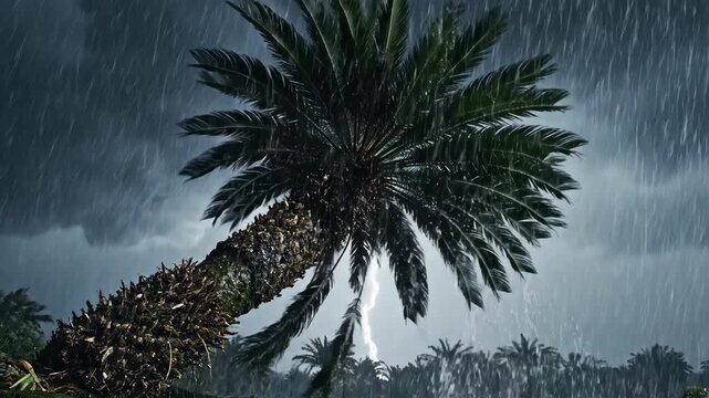 Rain pelts a leaning palm tree in a tropical storm