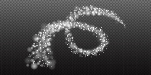 Christmas snow flake trail with sparkling light particles and stars creating a magical bokeh effect. Perfect for festive, fantasy or celebration designs. Stock vector illustration in realistic style. © Daaridna
