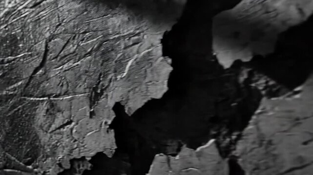 Cracked, textural surface with deep fissures in grayscale