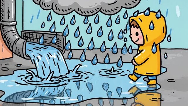 Rainy day scene with child in yellow raincoat