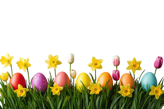 Colorful easter eggs and spring flowers like daffodils and tulips growing in green grass, celebrating spring. Transparent background
