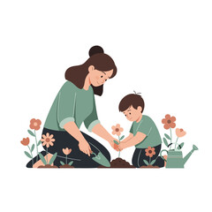Mother and Child Planting Flowers Together.
