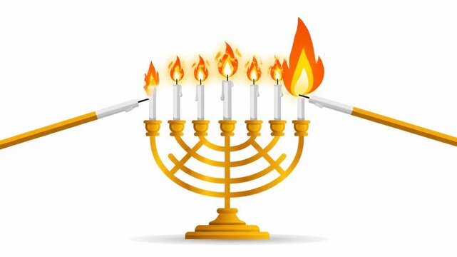 Golden candelabra with lit candles and shamash lighter