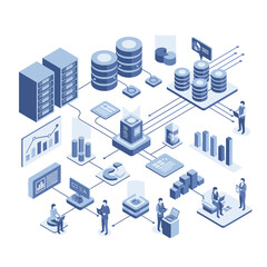 Fototapeta premium Isometric illustration of a comprehensive data management system with servers, databases, analytics, and people working on data processing and business intelligence.