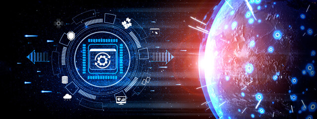 Futuristic Technology Background Featuring Data Circles, Space Elements, and Abstract Design Ideal...