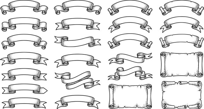 A scroll or banner parchment paper ribbon band in a vintage woodcut style
