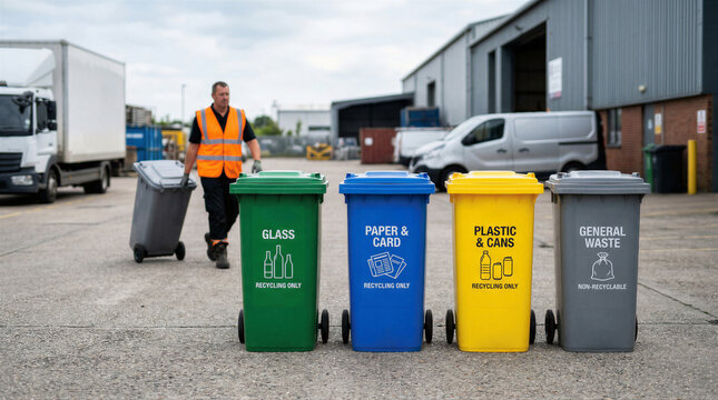 Colorful recycling bins for different waste types at an industrial facility with a worker