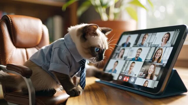 Cat in a Suit Attends a Video Conference Meeting.
