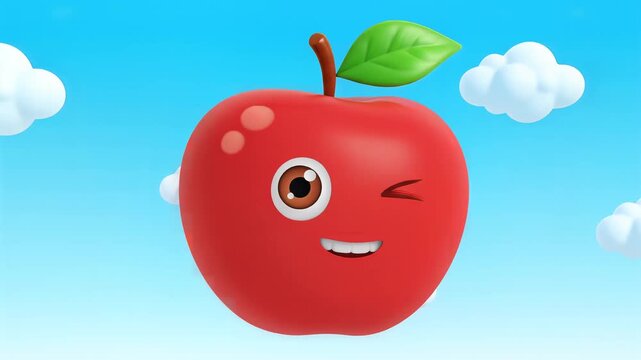 Animated red apple character with happy expression against sky