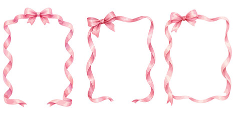 A charming watercolor collection of romantic pink bow ribbon frames for invitations and greeting cards. © liana