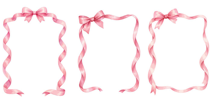A charming watercolor collection of romantic pink bow ribbon frames for invitations and greeting cards.