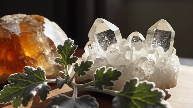 Crystals & a plant, lit dramatically