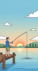 Fototapeta premium Young man enjoys casting a line from a wooden dock during a vibrant sunset over calm water