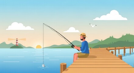 Naklejka premium Fisherman sitting on a wooden pier catches a fish at sunrise near a distant navigational tower