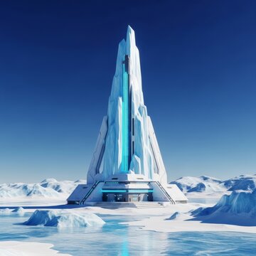 A futuristic ice-defying structure stands majestically amidst a severe arctic landscape, engineered for extreme sub-zero conditions, innovation, extreme, glacial