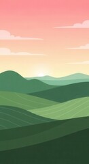 Fototapeta premium Rolling green hills stretch beneath a pastel-colored sky at sunrise or sunset
