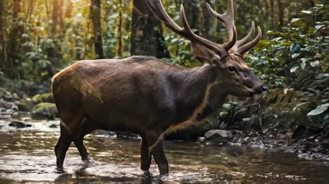 Large deer in river, forest backdrop