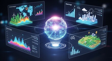 Advanced AI analyzes environmental data, creating vibrant visualizations of climate strategies for a sustainable future across various ecosystems, modeling, solutions, algorithmic