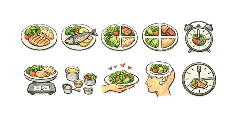 Healthy eating outline icon set. nutrition, meal planning icons collection