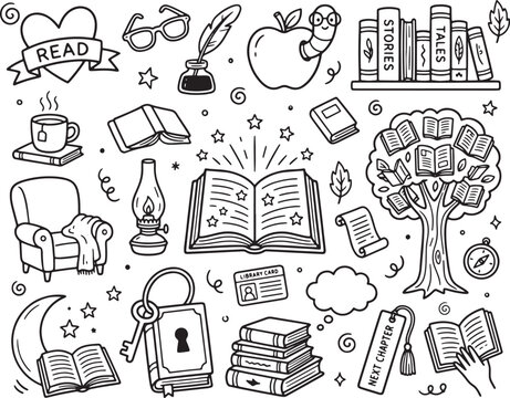 Hand Drawn Reading and Books Doodle Set, Large Set of Hand-Drawn Books and Reading Doodle Icons Vector Illustration, Bundle of Minimalist Education Storytelling and Study Pictograms