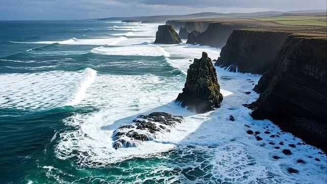 Majestic ocean waves crashing powerfully against rugged sea cliffs and a towering sea stack on a dramatic wild Atlantic coastline, under a bright sky.