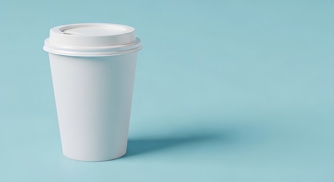 A white disposable coffee cup with a lid casting a shadow on a blue background viewed from the side