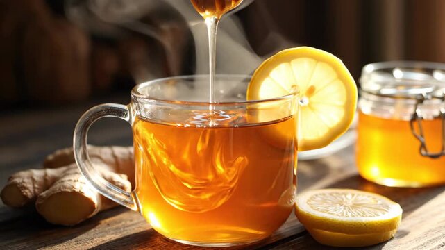Honey being poured into a clear mug of tea with lemon and ginger