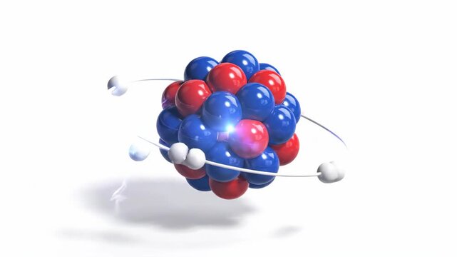 Sphere of red and blue orbs with white orbital paths