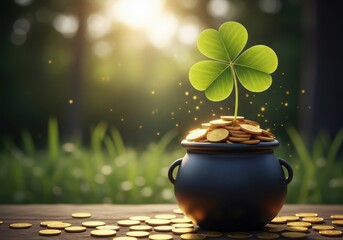 A pot of gold adorned with a four-leaf clover symbolizing luck and fortune in nature.