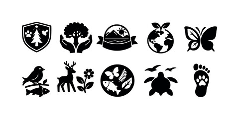 Obraz premium Nature conservation solid icon set. eco-friendly, wildlife, environment symbols