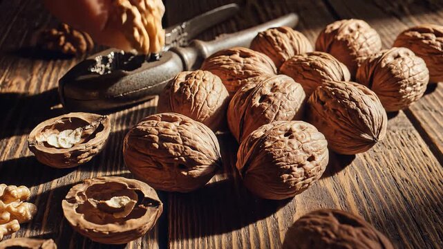 Walnuts and nutcracker on wooden surface with warm lighting
